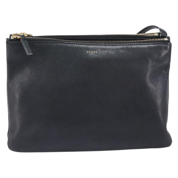 CELINE Trio Shoulder Bag Leather Black Gold Auth 206031