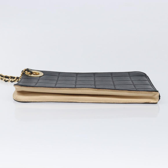 CHANEL Choco Bar Clutch Bag Lamb Skin Black Gold CC Auth 206033V