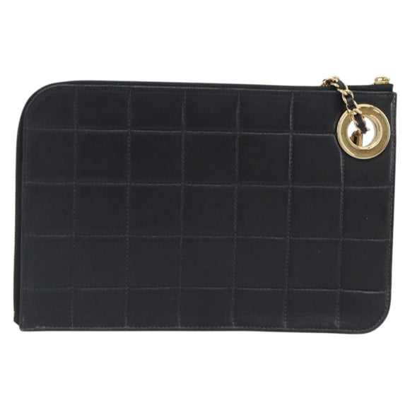 CHANEL Choco Bar Clutch Bag Lamb Skin Black Gold CC Auth 206033V