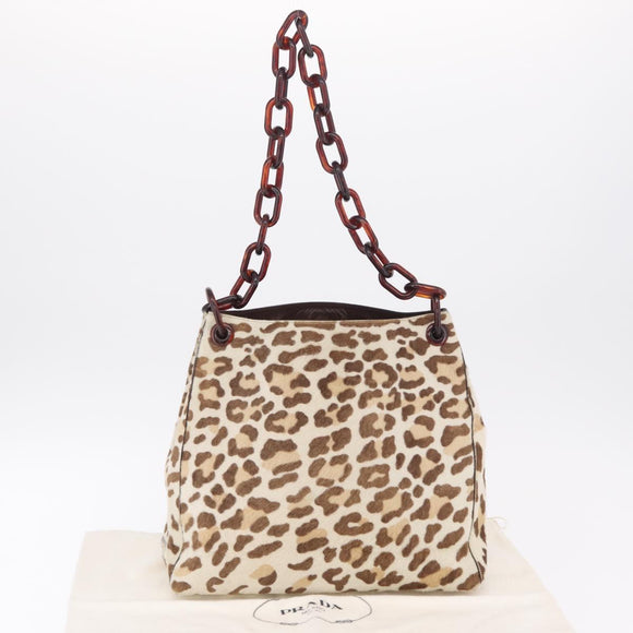 PRADA Plastic Chain Shoulder Bag Harako leather Beige Silver Auth 206034V