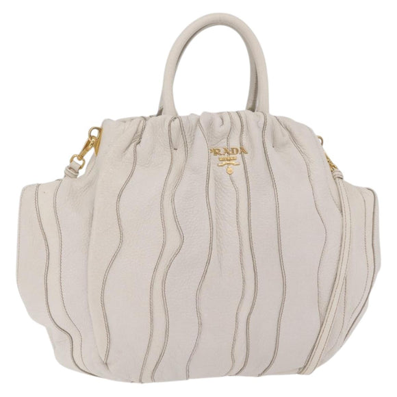 PRADA Hand Bag Leather 2way White Gold Auth 206042V