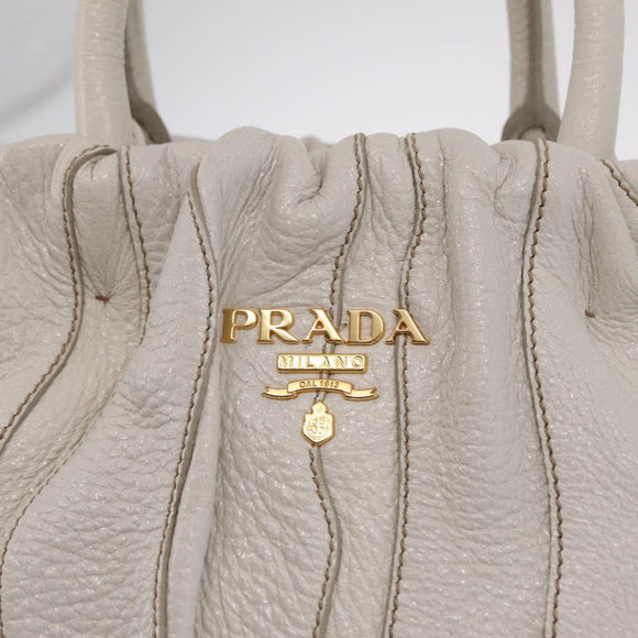 PRADA Hand Bag Leather 2way White Gold Auth 206042V