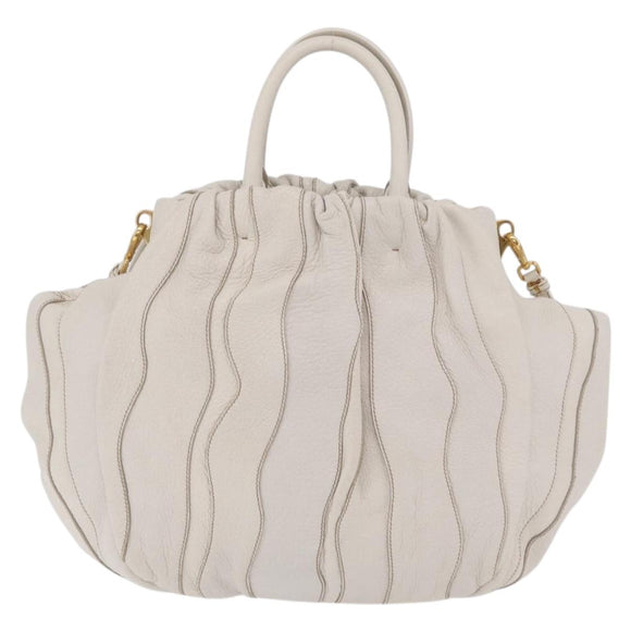 PRADA Hand Bag Leather 2way White Gold Auth 206042V