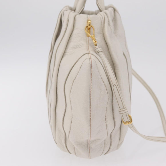 PRADA Hand Bag Leather 2way White Gold Auth 206042V