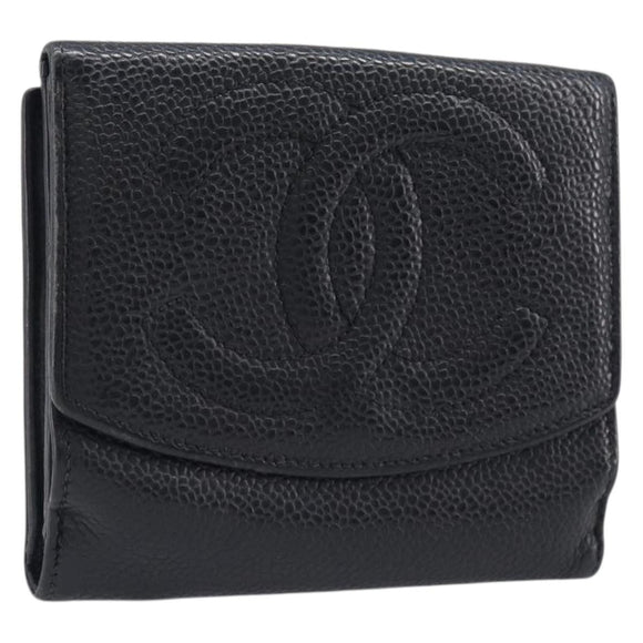 CHANEL COCO Mark Wallet Caviar Skin Black Silver CC Auth 206048