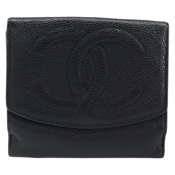 CHANEL COCO Mark Wallet Caviar Skin Black Silver CC Auth 206048