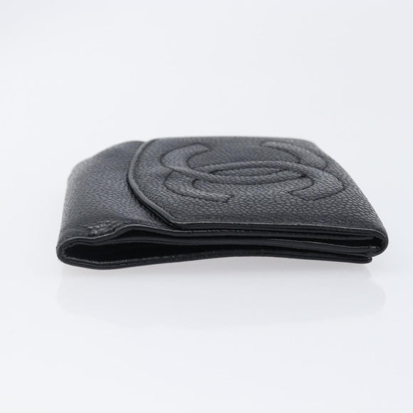 CHANEL COCO Mark Wallet Caviar Skin Black Silver CC Auth 206048