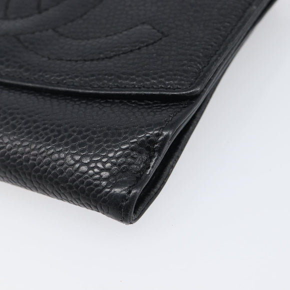 CHANEL COCO Mark Wallet Caviar Skin Black Silver CC Auth 206048