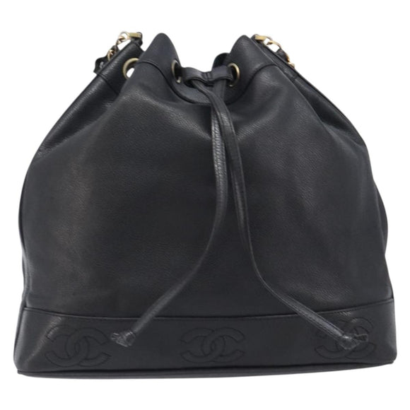 CHANEL Triple COCO Mark Shoulder Bag Caviar Skin Black Gold CC Auth 206050V