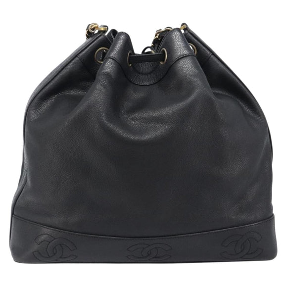 CHANEL Triple COCO Mark Shoulder Bag Caviar Skin Black Gold CC Auth 206050V