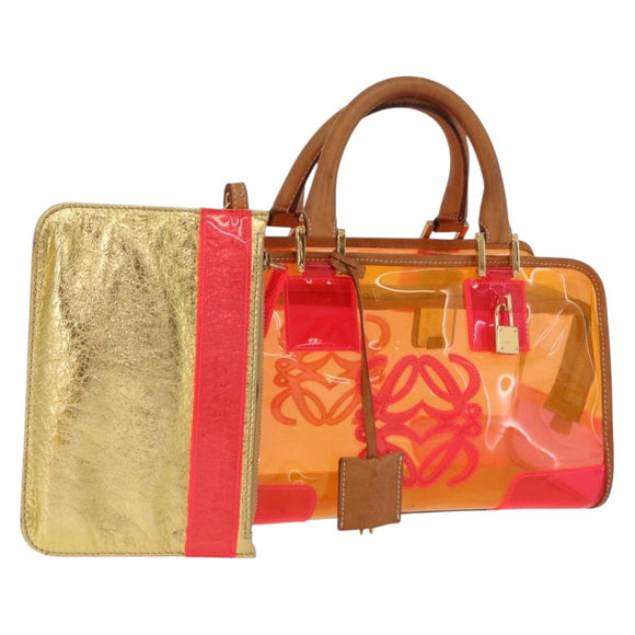 LOEWE Anagram Americana 28 Hand Bag Vinyl Orange Gold Auth 206052V