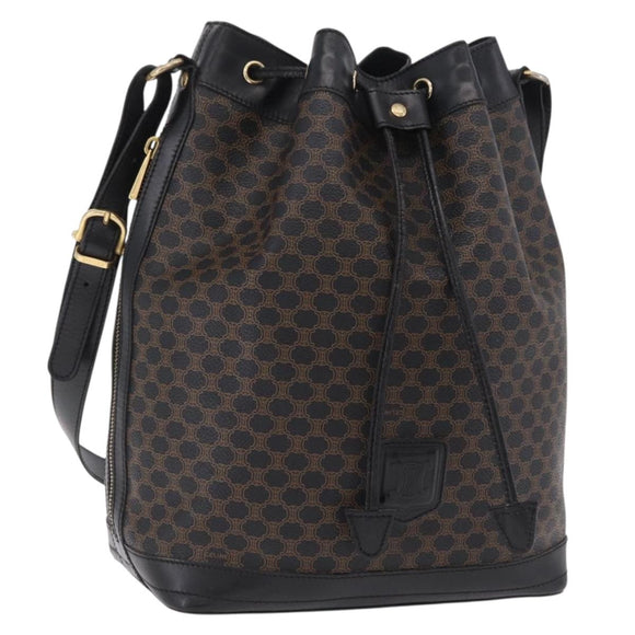 CELINE Macadam Canvas Shoulder Bag PVC Leather Black Gold Auth 206055