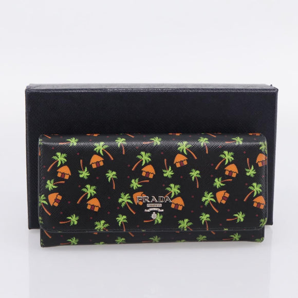 PRADA Long Wallet Safiano Leather Black Silver Auth 206067V