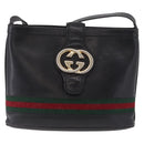 GUCCI Web Sherry Line Shoulder Bag Leather Black Gold Auth 206101-2