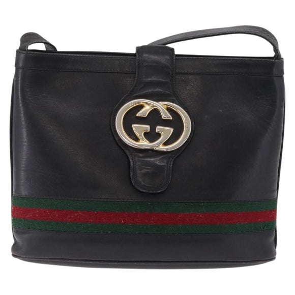GUCCI Web Sherry Line Shoulder Bag Leather Black Gold Auth 206101