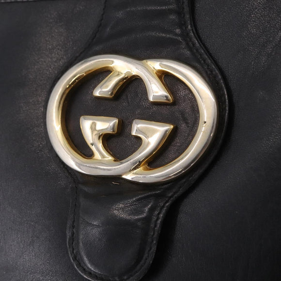 GUCCI Web Sherry Line Shoulder Bag Leather Black Gold Auth 206101