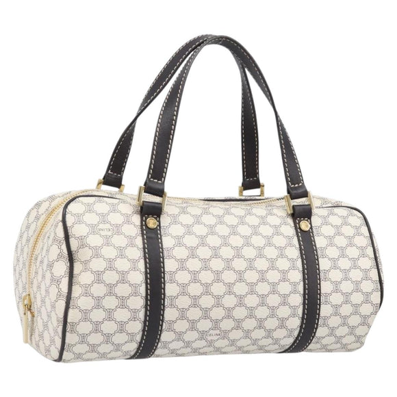 CELINE Macadam Canvas Boston Bag PVC Leather White Gold Auth 206111V