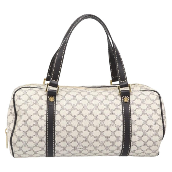 CELINE Macadam Canvas Boston Bag PVC Leather White Gold Auth 206111V