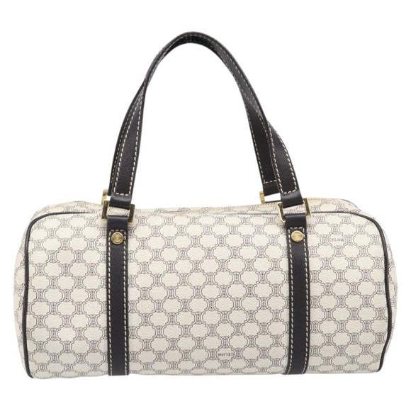 CELINE Macadam Canvas Boston Bag PVC Leather White Gold Auth 206111V