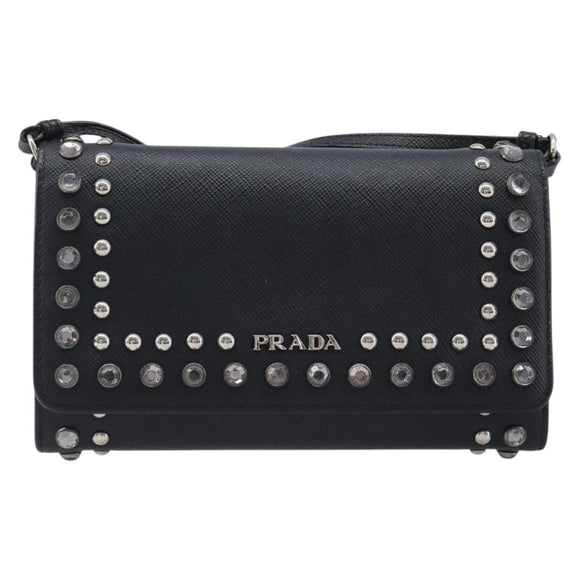 PRADA Shoulder Wallet Safiano leather Black Silver Auth 206147V