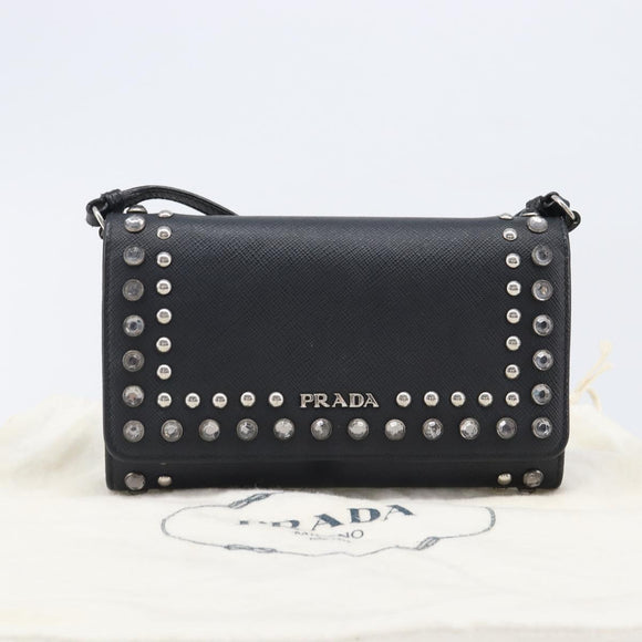 PRADA Shoulder Wallet Safiano leather Black Silver Auth 206147V