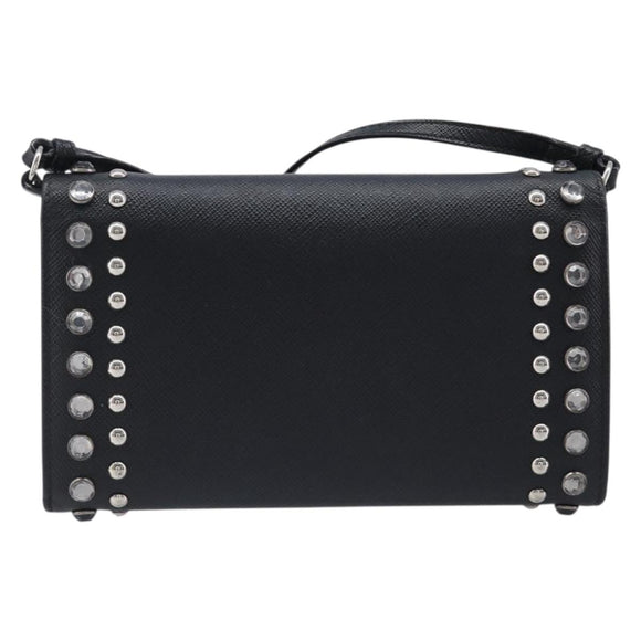 PRADA Shoulder Wallet Safiano leather Black Silver Auth 206147V