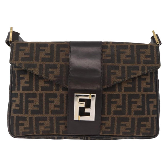 FENDI Zucca Canvas Shoulder Bag Brown Black Auth 206232A