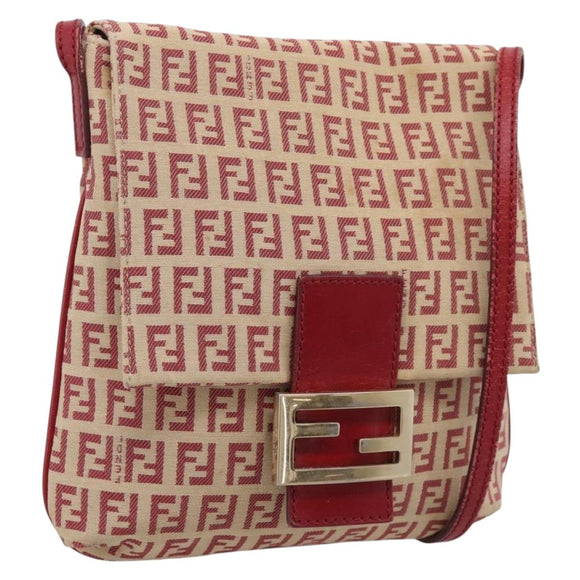 FENDI Zucchino Canvas Mamma Baguette Shoulder Bag Red Gold 8BT075 Auth 206235