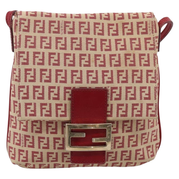 FENDI Zucchino Canvas Mamma Baguette Shoulder Bag Red Gold 8BT075 Auth 206235