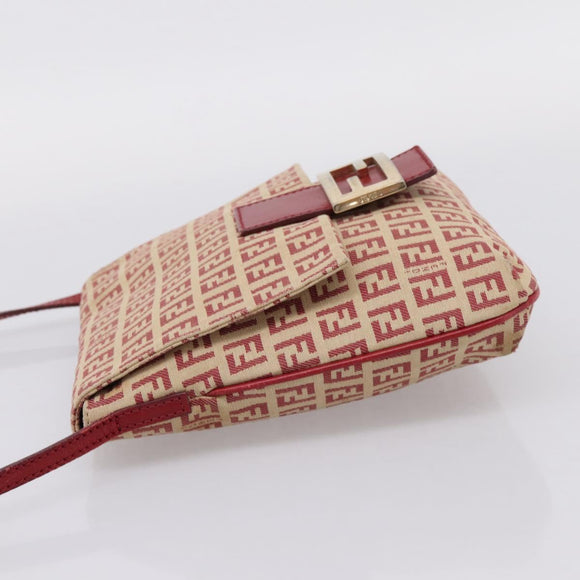 FENDI Zucchino Canvas Mamma Baguette Shoulder Bag Red Gold 8BT075 Auth 206235