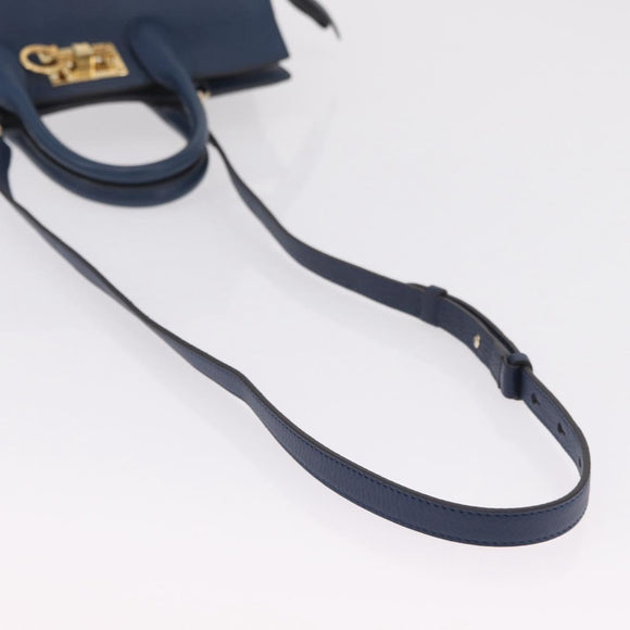Salvatore Ferragamo Gancini Studio Bag Leather 2way Navy Gold Auth 206236A