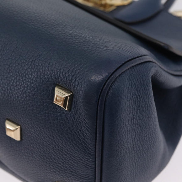 Salvatore Ferragamo Gancini Studio Bag Leather 2way Navy Gold Auth 206236A