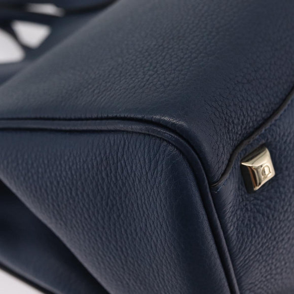 Salvatore Ferragamo Gancini Studio Bag Leather 2way Navy Gold Auth 206236A