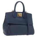Salvatore Ferragamo Gancini Studio Bag Leather 2way Navy Gold Auth 206236A-1