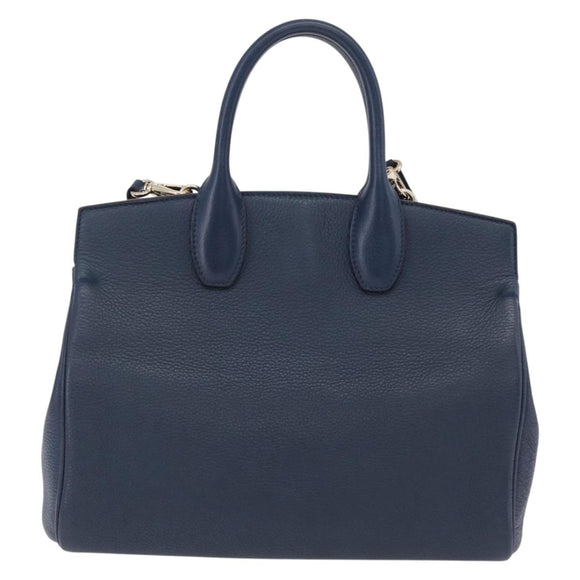 Salvatore Ferragamo Gancini Studio Bag Leather 2way Navy Gold Auth 206236A