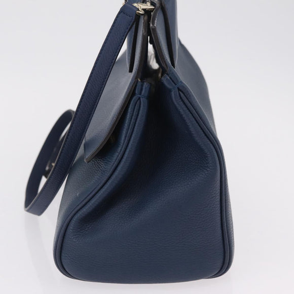 Salvatore Ferragamo Gancini Studio Bag Leather 2way Navy Gold Auth 206236A