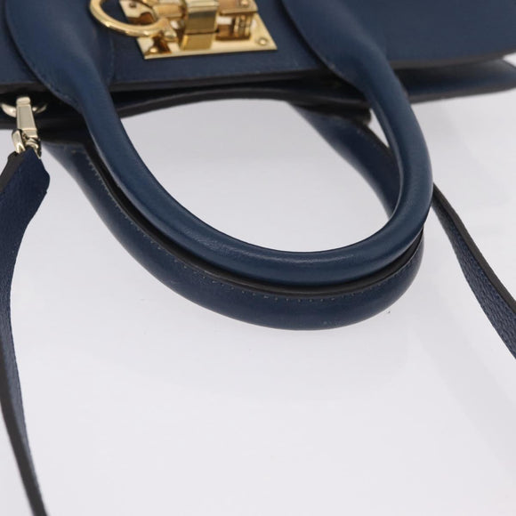 Salvatore Ferragamo Gancini Studio Bag Leather 2way Navy Gold Auth 206236A