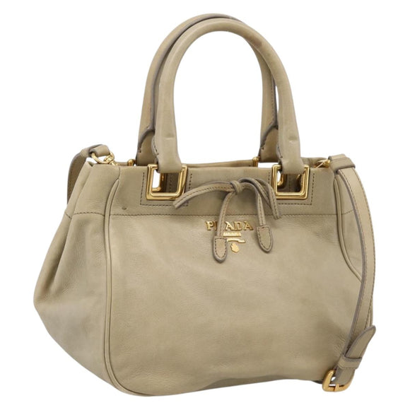 PRADA Hand Bag Leather 2way Beige Gold Auth 206241A