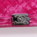 CHANEL Matelasse Boy Chanel Chain Shoulder Bag Velor Pink Silver CC Auth 206259M-14