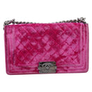 CHANEL Matelasse Boy Chanel Chain Shoulder Bag Velor Pink Silver CC Auth 206259M-2