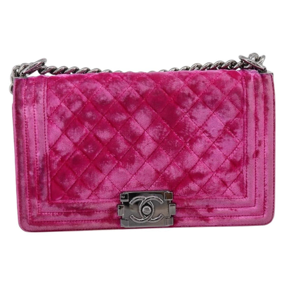 CHANEL Matelasse Boy Chanel Chain Shoulder Bag Velor Pink Silver CC Auth 206259M