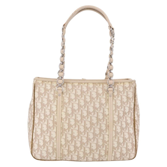 Christian Dior Trotter Canvas Chain Tote Bag PVC Ivory Silver Auth 206261A