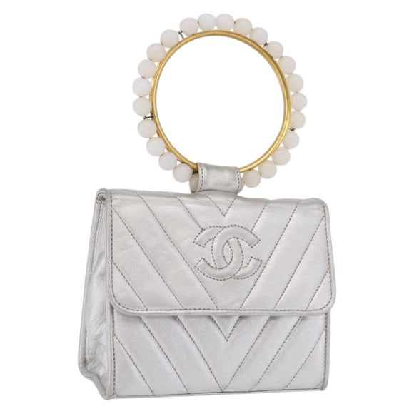 CHANEL V Stitch Hand Bag Lamb Skin Silver Gold CC Auth 206262SAV