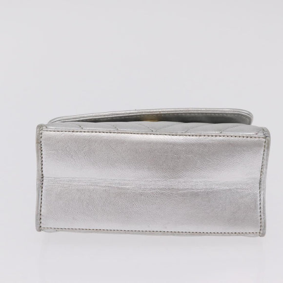 CHANEL V Stitch Hand Bag Lamb Skin Silver Gold CC Auth 206262SAV