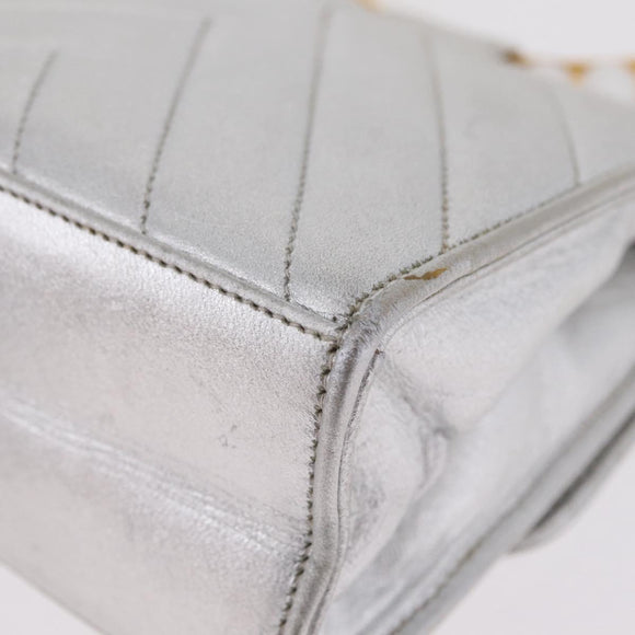 CHANEL V Stitch Hand Bag Lamb Skin Silver Gold CC Auth 206262SAV