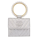 CHANEL V Stitch Hand Bag Lamb Skin Silver Gold CC Auth 206262SAV-2