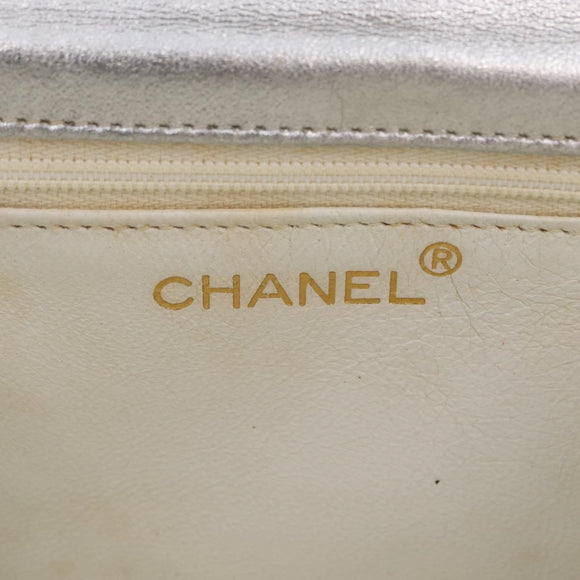 CHANEL V Stitch Hand Bag Lamb Skin Silver Gold CC Auth 206262SAV