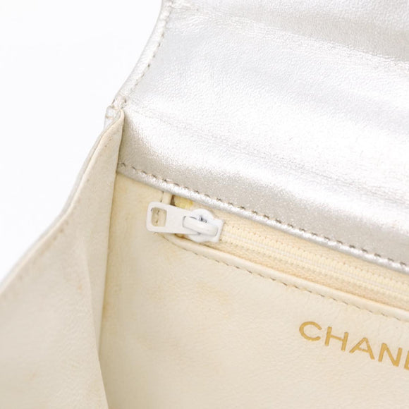 CHANEL V Stitch Hand Bag Lamb Skin Silver Gold CC Auth 206262SAV