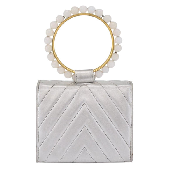 CHANEL V Stitch Hand Bag Lamb Skin Silver Gold CC Auth 206262SAV