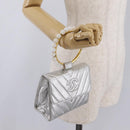 CHANEL V Stitch Hand Bag Lamb Skin Silver Gold CC Auth 206262SAV-30